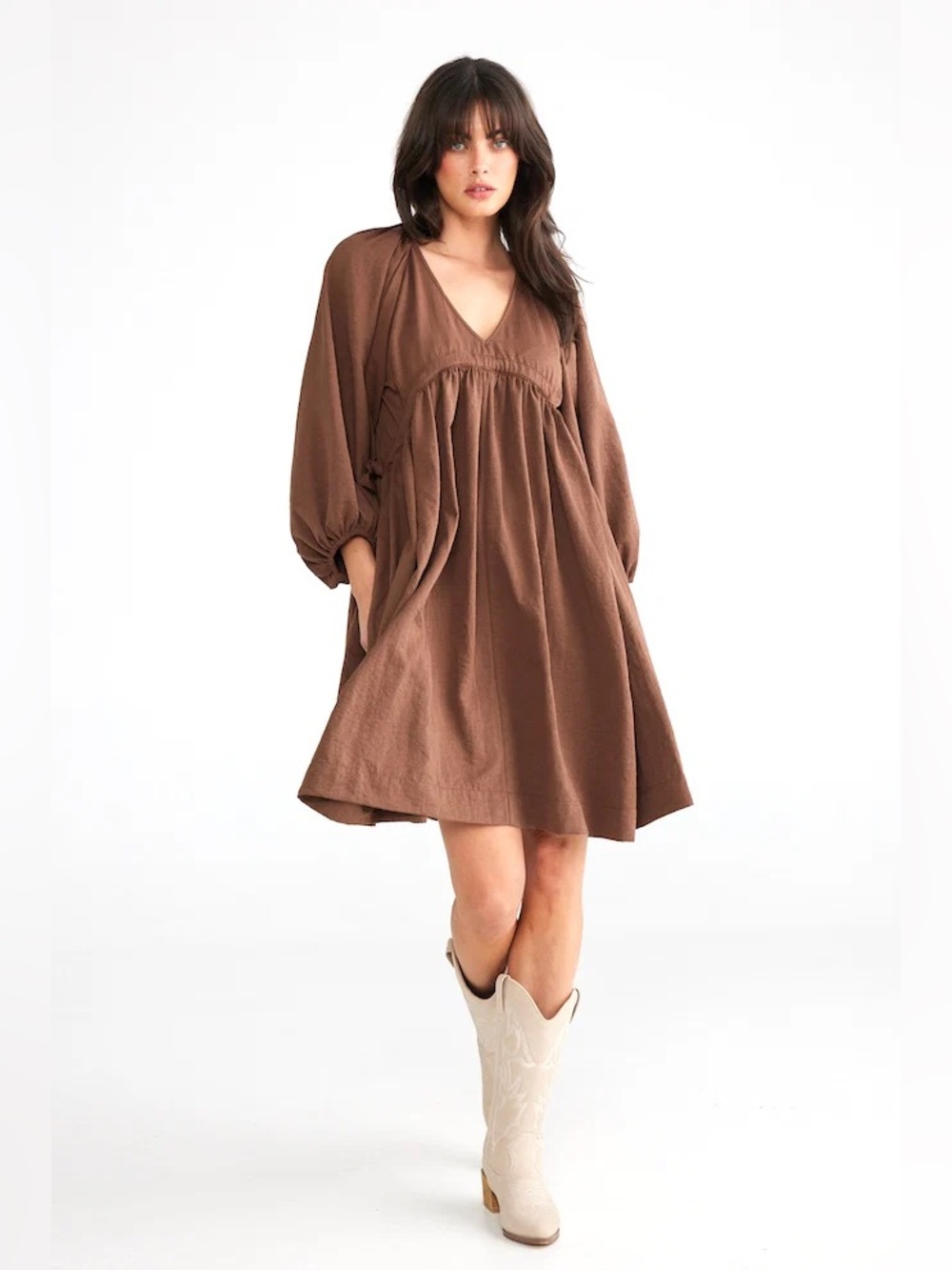 Talisman Brown V-Neck Long Sleeve Empire Waist Dress
